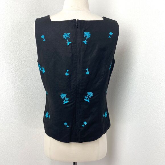 Vtg Annie Alexander Black Linen Blend Embroidered Top 10 Palm Trees Resort Beach - Picture 5 of 8